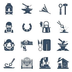 Blacksmith black icons set with tin snips hammer anvil iron gates welding machine isolated vector illustration