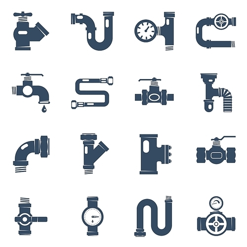 Pipes Black White Icons Set. Pipes Vector Illustration.Pipes Black Flat Symbols. Pipes Design Set. Pipes Elements Collection.