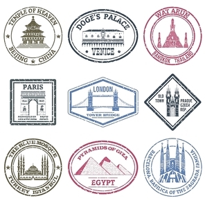 Monuments and famous world landmarks stamps set isolated vector illustration