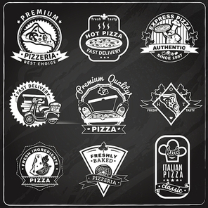 Pizza chalkboard emblems set with classic baked pizza symbols flat isolated vector illustration