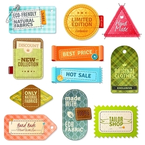 Colorful handmade fabric label set isolated in different shapes and styles vector illustration