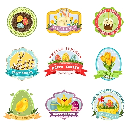 . colorful emblem set with spring holiday symbols isolated vector illustration
