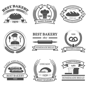 Bakery black white emblems set with bread and pastry symbols flat isolated vector illustration