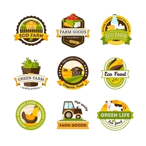 Set of isolated organic food farm emblems or labels set on white background vector illustration