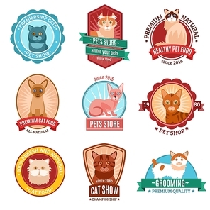 Cats emblem set with pet shop and veterinary clinic symbols isolated vector illustration