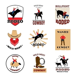 Cowboy rodeo games from mustang riding and bullfighting to lasso usage flat emblems set isolated vector illustration