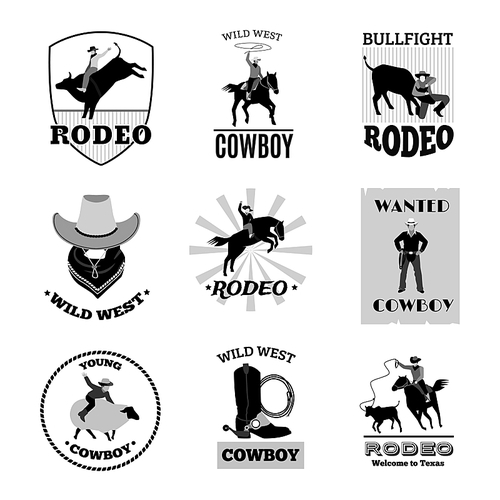 Monochrome black emblems set of cowboy rodeo games like bullfight or mustang ride flat isolated vector illustrations
