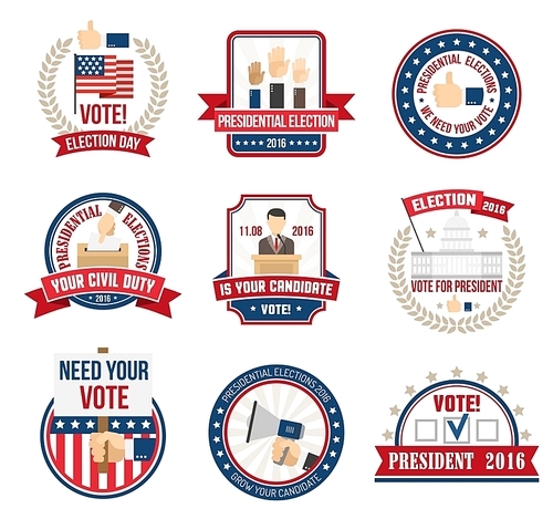 Color labels and emblems for agitating people vote in presidential election in 2016 isolated vector illustration