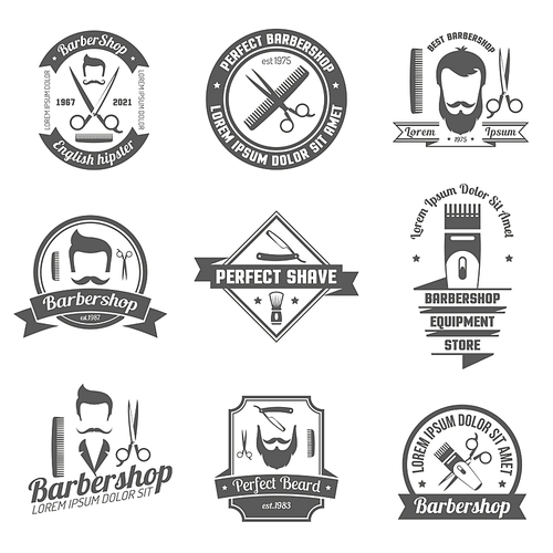 Collection original grey sign of barber shop for emblem or logo with white background isolated vector illustration