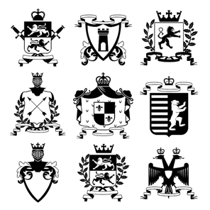Heraldic coat of arms family crest and shields emblems design black icons collection abstract isolated vector illustration