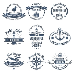 Monochrome nautical marine labels and logos of shipbuilders school yacht club ocean explorer isolated vector illustration