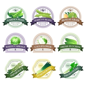 Organically grown fresh ecological vegetables emblems labels set   farmer market with cauliflower cabbage celery isolated vector illustration