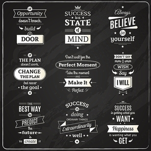 Set of success motivational and philosophical quotes chalkboard isolated emblems making in fashioned font vector illustration