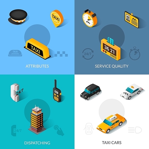 Taxi dispatching service quality startup software system 4 isometric icons composition poster with abstract isolated vector illustration