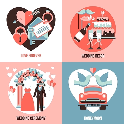 Love forever honeymoon wedding ceremony and wedding decor abstract compositions flat 2x2 set vector illustration