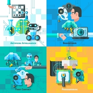 Artificial intelligence concept icons set with first contact symbols flat isolated vector illustration