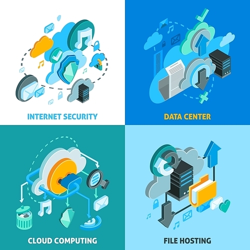 Cloud services concept icons set with data center and internet security symbols isometric isolated vector illustration