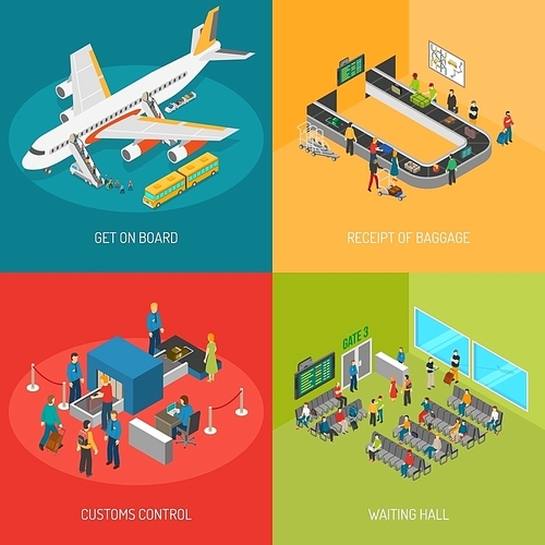 Airport 2x2 images presenting get on board receipt of baggage customs control and waiting hall isometric vector illustration