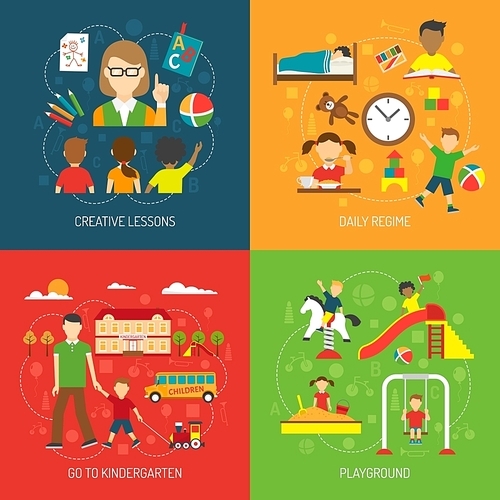 Creative lessons daily regime go to kindergarten and playground 2x2 concept flat vector illustration