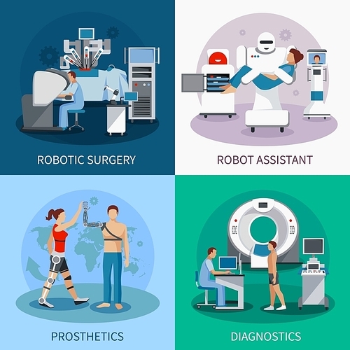 Bionic 2x2 design concept with robotic surgery  diagnostic equipment orthopedic prosthetics compositions flat vector illustration