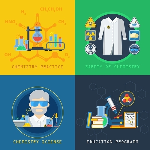 Chemistry 2x2 design concept set with laboratory equipment education program practical experiment and safety flat vector illustration