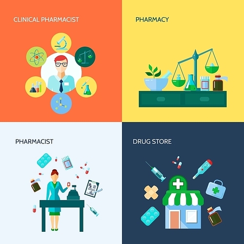 Isolated flat conceptual pharmacy icon set with various medical devices and methods of drug application vector illustration