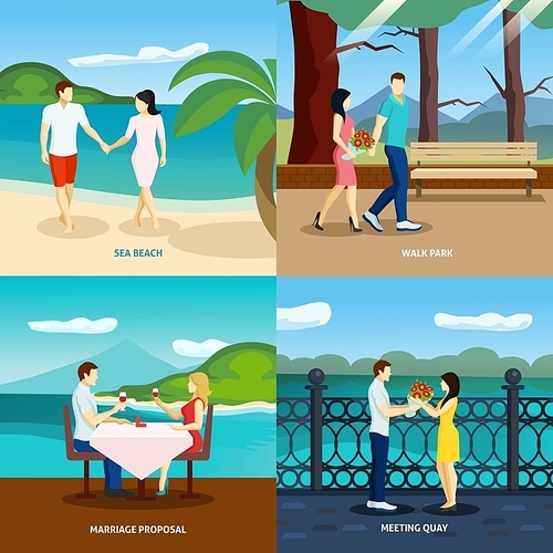 People fall in love flat set with romantic couples dating outdoors vector illustration