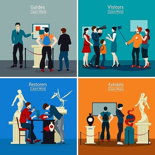 People in museum and gallery 2x2 design concept with exhibits restorers guides and visitors flat vector illustration