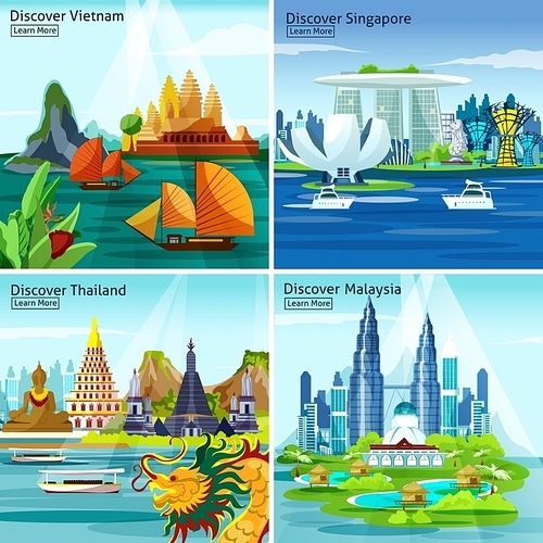 Asian travel 2x2 design concept with vietnam thailand singapore and malaysia colorful landscape compositions flat vector illustration