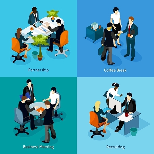 Business people isometric icon set with white-collar workers on negotiation and during normal business hours vector illustration