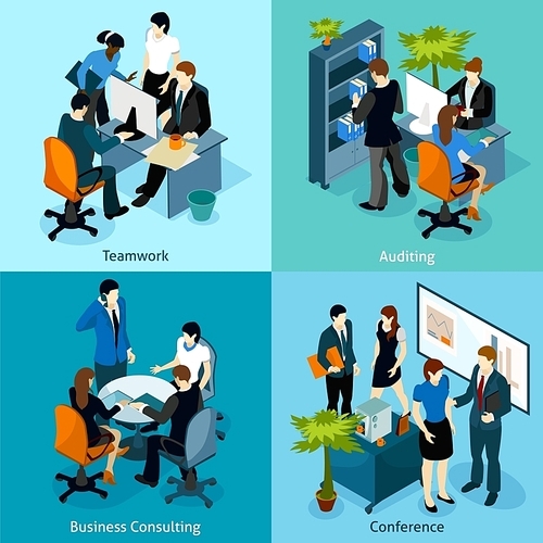Four isometric icons with office workers in team working audition business consulting and conference vector illustration