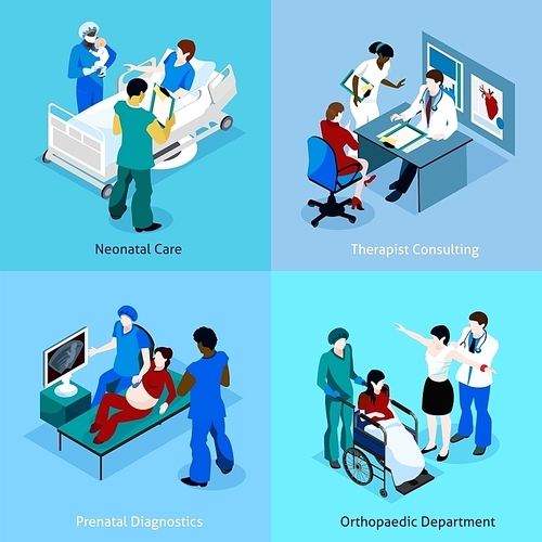 Doctor patient isometric icon set with description of neonatal care therapist consulting prenatal diagnostics and orthopedic department vector illustration