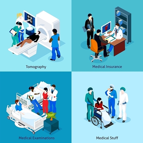 Relationship between patient doctor and other medical staff on a medical examination  isometric icon set vector illustration