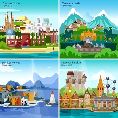 European Touristic Icon Set with historical monuments and sights of Spain Austria Norway and Belgium vector illustration