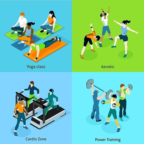 Fitness aerobic isometric icons set with description women on yoga class aerobic cardio zone and mans on power training vector illustration