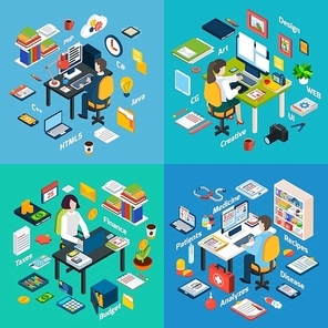 Creative professionals workplaces 4 isometric icons square with computer maintenance programmer web developer abstract vector isolated illustration
