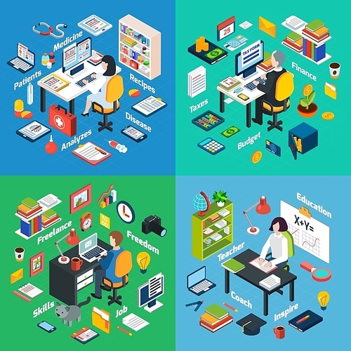 Professional workplaces of freelance photographer teacher and financial  advisor 4 isometric icons square abstract vector isolated illustration