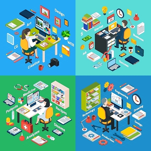 Professional workplaces of business startup manager and medical doctor 4 isometric icons square composition abstract vector isolated illustration