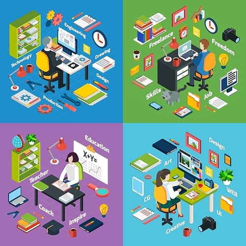 Professional workplaces of freelance art designer teacher and engineer 4 isometric icons square composition abstract vector isolated illustration