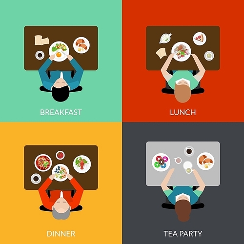 Flat icon set with eating people with different variants of meal top view vector illustration