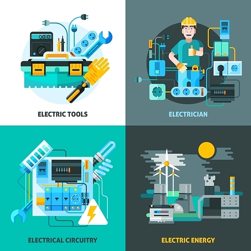 Electricity concept icons set with electric tools and energy symbols flat isolated vector illustration