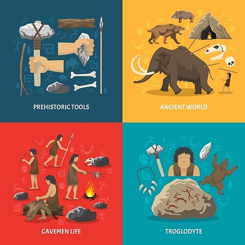 Color flat composition with title depicting prehistoric tools caveman life ancient world troglodyte isolated vector illustration