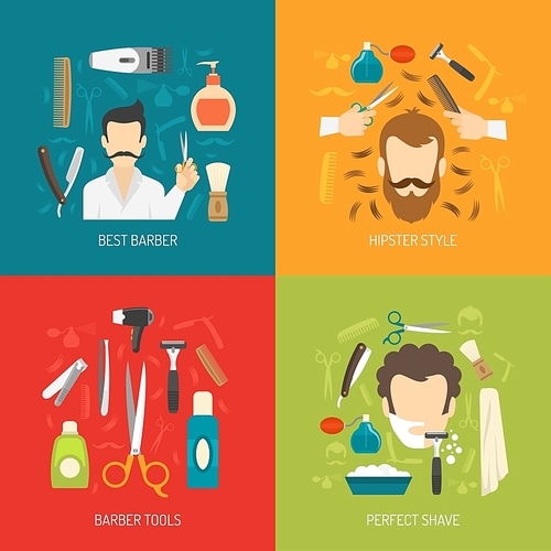 Color flat composition with barber services tools and man style of shave isolated vector illustration