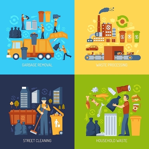 Color flat concept showing garbage collection and waste processing vector illustration