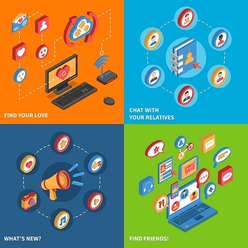 Isometric icon set with different variants of activity in social network vector illustration