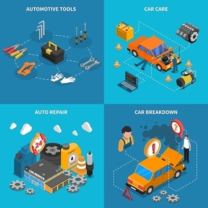 Isometric isolated icon set with different stages of service like car care breakdown vector illustration