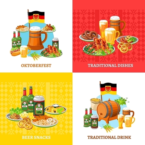 German traditional octoberfest festival 4 flat icons square composition banner with beer snacks abstract isolated vector illustration