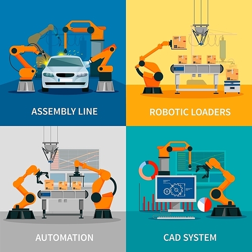 Automation concept icons set with assembly line and CAD system symbols flat isolated vector illustration