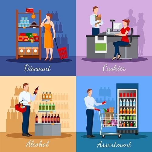 Assortment of products in supermarket with areas discounts and payment isolated vector illustration