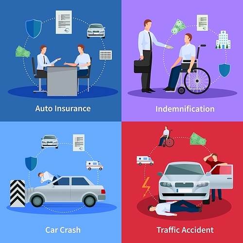 Auto insurance concept with car crash traffic accident and compensation isolated vector illustration